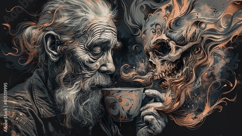 As the old man looks into his cup, he is taken aback by the image of a fierce ghost forming from the rising steam photo