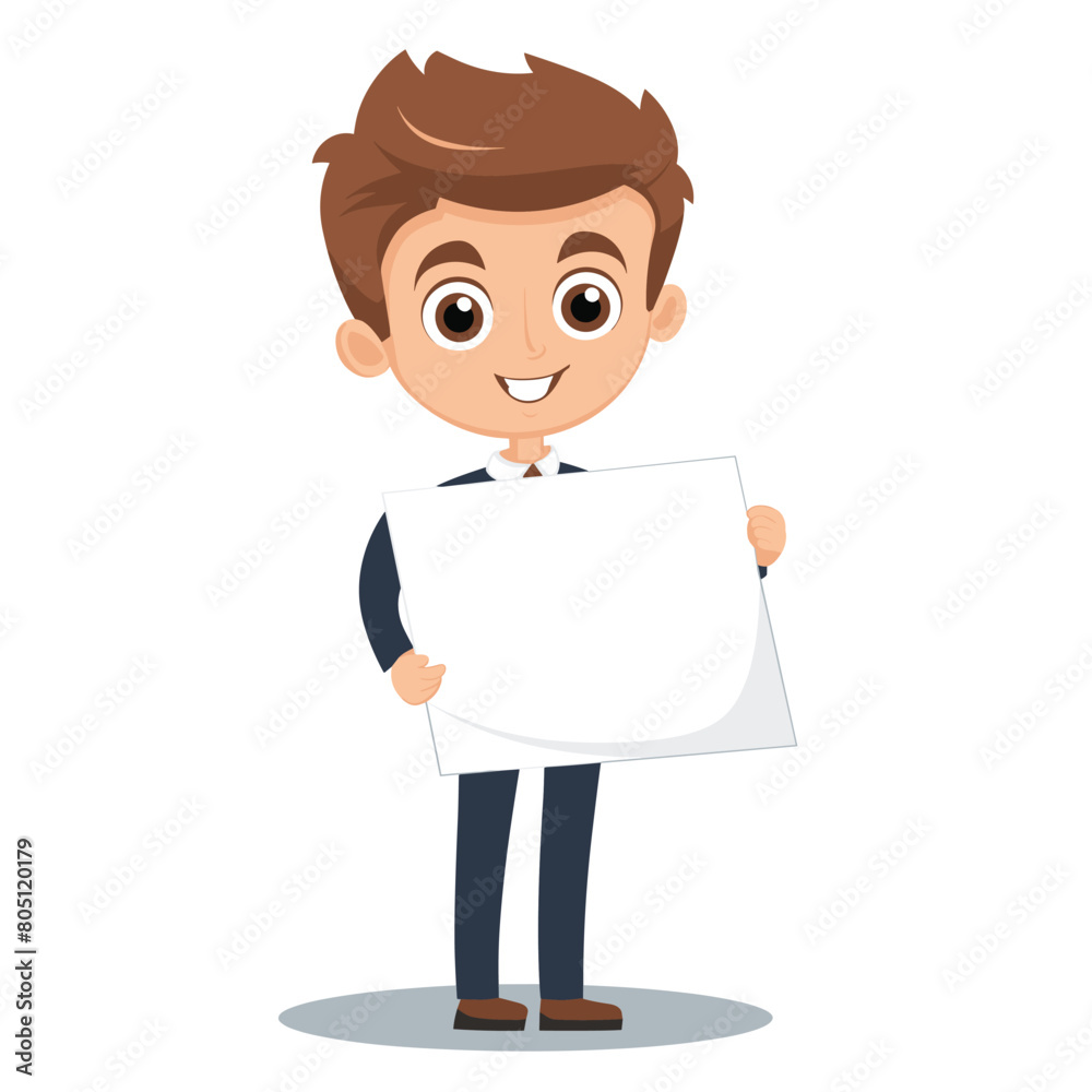 Young cartoon businessman holding blank sign smiling. Happy male professional presentation board empty space. Cheerful character showcasing white poster, business advertising concept Young cartoon businessman holding blank sign smiling. Happy male professional presentation board empty space. Cheerful character showcasing white poster, business advertising concept