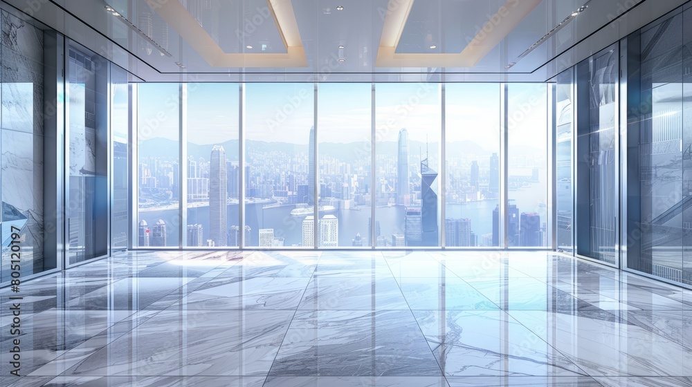 Front view modern empty office with panoramic skyline view bright daylight - 3D Illustration hyper realistic 