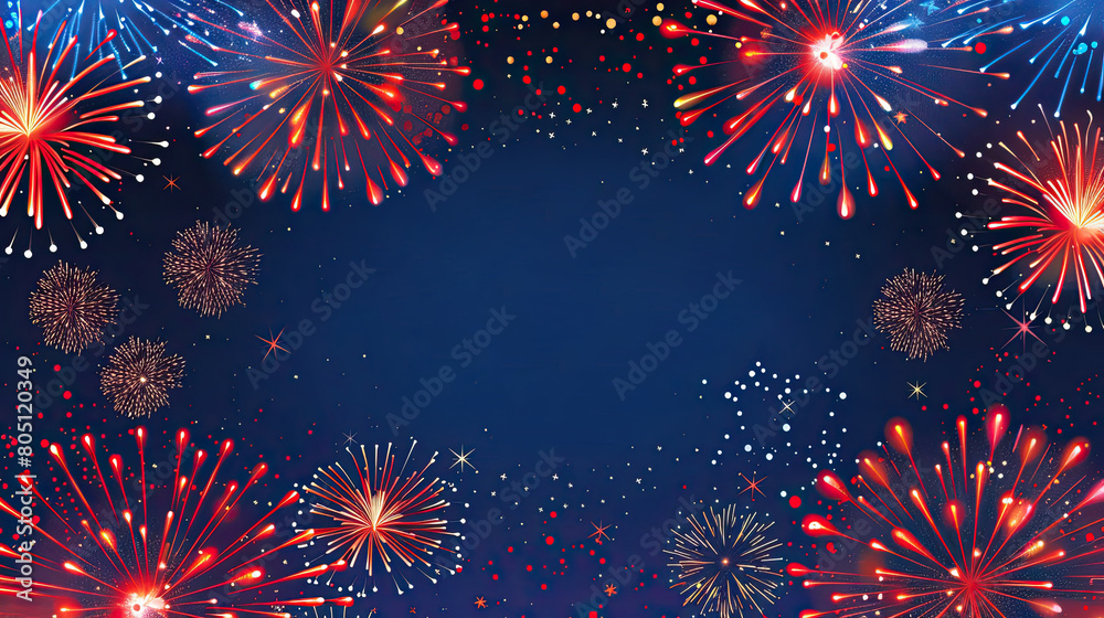 Fototapeta premium Colorful fireworks with stars on a blue background with empty space in the middle for text, perfect for patriotic events or celebrations. US Independence Day or other national holiday