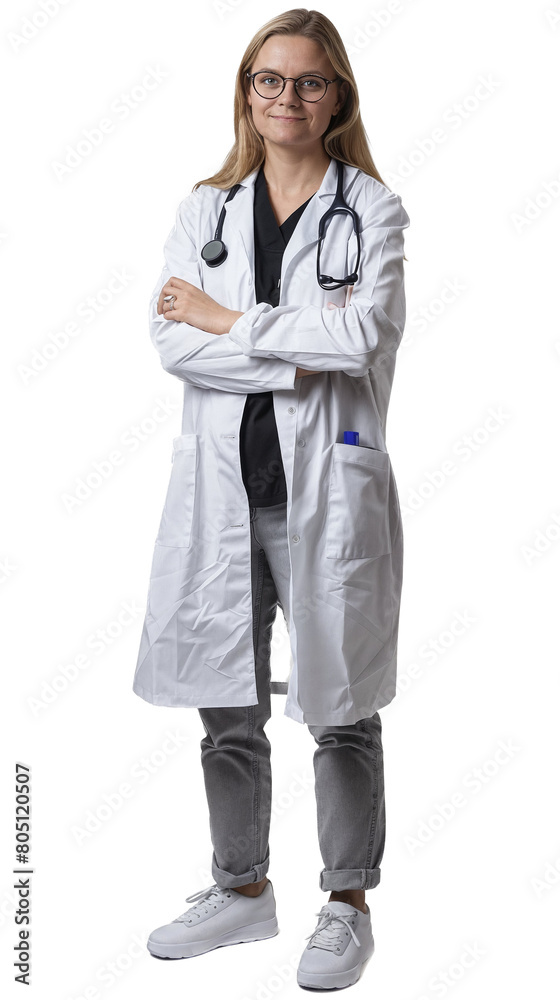 Portrait of a confident Scandinavian woman doctor in white lab coat with stethoscope, glasses, and gray tie, smiling, arms crossed. Isolated, transpar Portrait of a confident Scandinavian woman doctor in white lab coat with stethoscope, glasses, and gray tie, smiling, arms crossed. Isolated, transpar