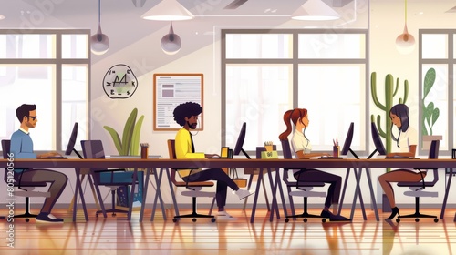 Group of diverse colleagues working on the computers in the modern office or coworking space, wide intreior view hyper realistic 