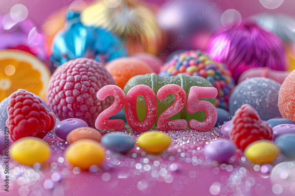 2025 candy lollipop numbers, 2025 sugar greeting card, sweet New Year design, candies banner