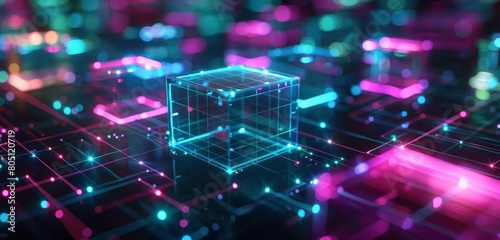 A glowing blue and pink wireframe cube sits on a glowing blue and pink circuit board.
