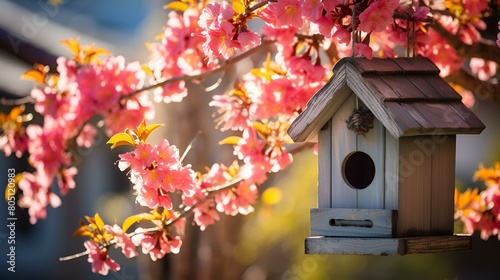 A birdhouse on a tree branch adorned with pink flowers. © Microtech