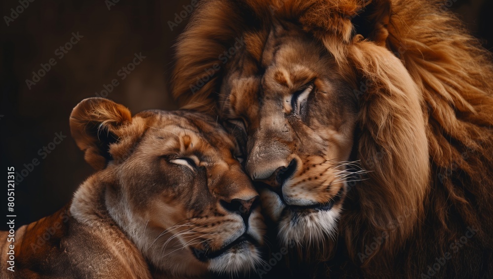 Close up of a male and female lion hugging, a loving couple, with a dark background Close up of a male and female lion hugging, a loving couple, with a dark background