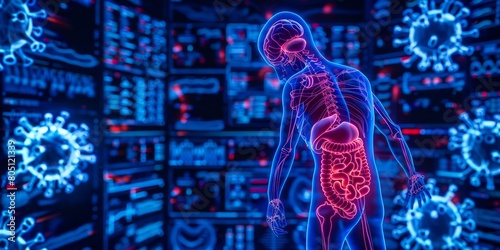 Neon blue and red anatomy of a human figure against detailed data displays, highlighting advanced medical research and health monitoring.