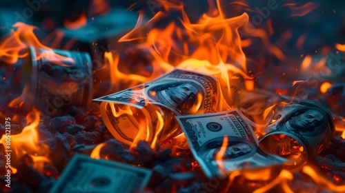 Hundred dollar bills burning in a fire flame.