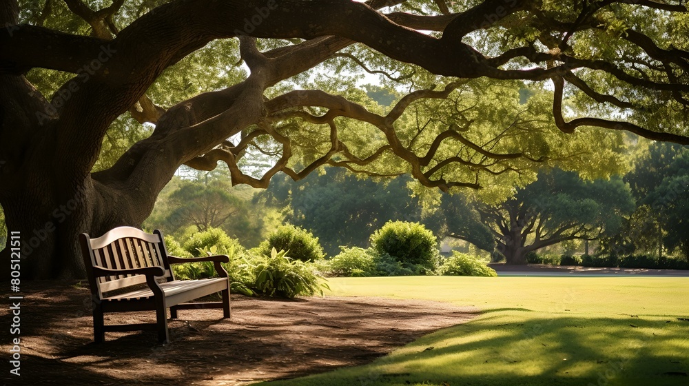 Park bench shaded by a tree, perfect spot for relaxation