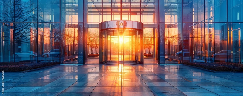 The impressive glass entrance of a modern office building.