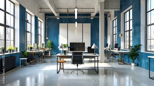 Contemporary Office Interior with White and Blue Open Space Design: Modern office space with blue accent walls and plenty of sunlight
