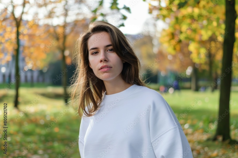 brunette influencer woman wearing a white gildan 18000 sweatshirt brunette influencer woman wearing a white gildan 18000 sweatshirt