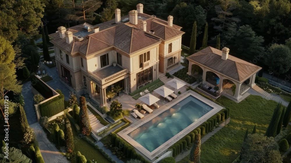 Large private house aerial view hyper realistic Large private house aerial view hyper realistic