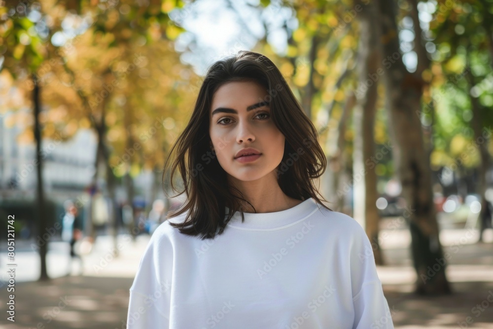 brunette influencer woman wearing a white gildan 18000 sweatshirt brunette influencer woman wearing a white gildan 18000 sweatshirt