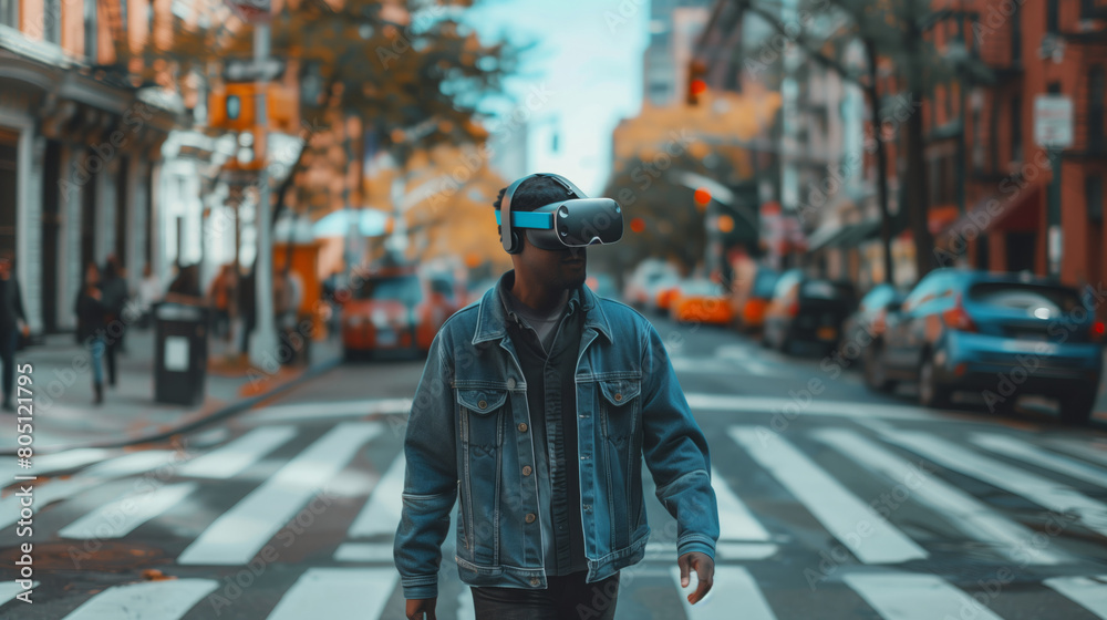 An African American man wearing AR glasses walks down a city street during the day. An African American man wearing AR glasses walks down a city street during the day.