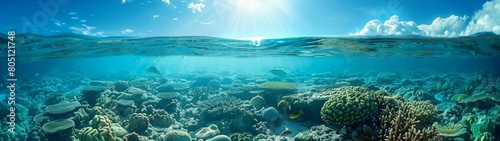 Beautiful underwater world in clear azure water, under the blue summer sky, with sunlight penetrating under the water. Banner.