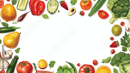 Frame made of healthy vegetables and fruits on white