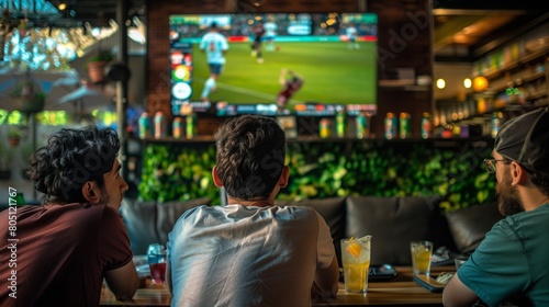 Friends are drinking a cocktail in a pub and watching a football match on TV.