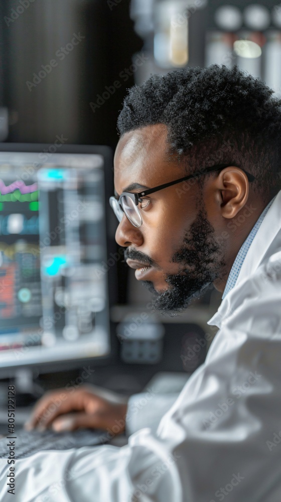 Black scientist at a computer, developing software for medical diagnostics, showcasing diversity and tech's role in healthcare.