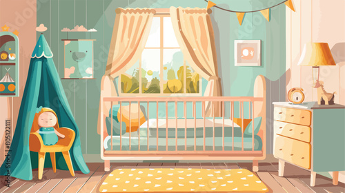 Interior of stylish childrens room with baby bed Vector