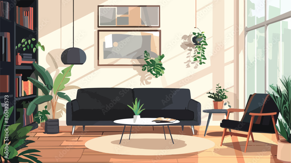 Interior of stylish living room with black sofa coffee