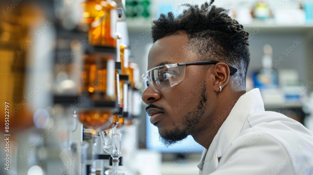 Black technician in a modern lab, managing drug production with computer analysis, emphasizing diversity and innovation in healthcare. Black technician in a modern lab, managing drug production with computer analysis, emphasizing diversity and innovation in healthcare.