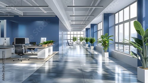 Contemporary Office Interior with White and Blue Open Space Design  Modern office space basked in natural light with a view