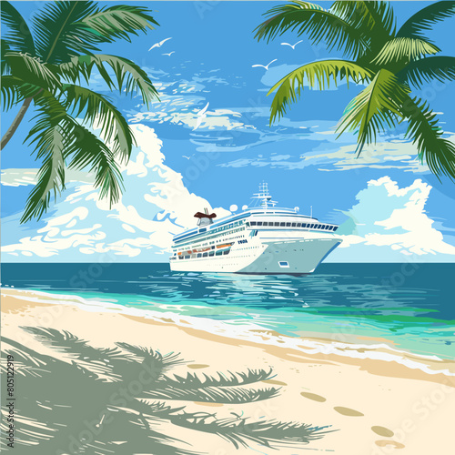 White cruise ship stop sandy island shore  wild beach  palms. Liner  boat voyage at South sea 
