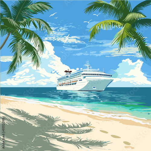 White cruise ship stop sandy island shore, wild beach, palms. Liner, boat voyage at South sea,