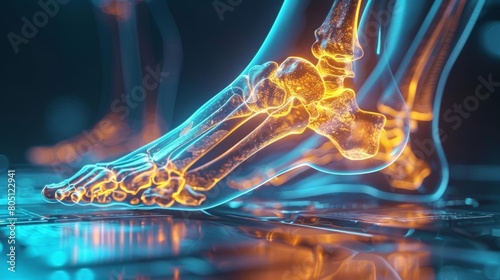 An X-ray of a foot shows the bones in detail. The bones are in various shades of blue and yellow. The background is black. photo