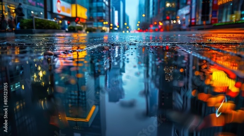 A Stunning Cityscape Mirrored Perfectly in a Serene Water Puddle