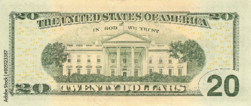 Vector reverse high polygonal pixel mosaic banknote of United States of America. Denominations of bill 20 dollars. Game money of flyer. Part 2