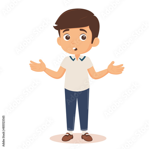 Young boy confused, gesturing unsure, wearing casual clothing. Cartoon kid expressing doubt, brown hair, white shirt, blue pants. Child character animated, questioning posture, standing fulllength