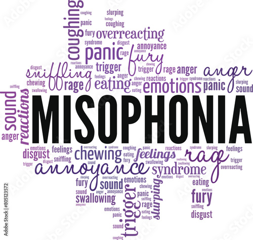 Misophonia word cloud conceptual design isolated on white background.