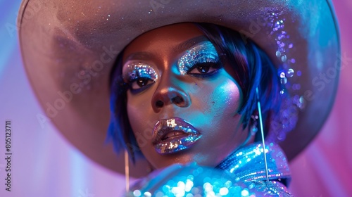 Black transgender drag queen dressed in a glittery silver cowboy outfit, with blue accents, celebrating technological pride at a digital event.