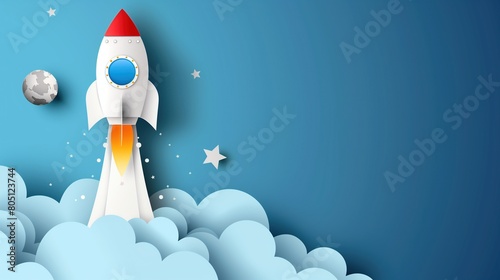 Colorful Papercut Rocket Launch Illustration with Ample Copy Space