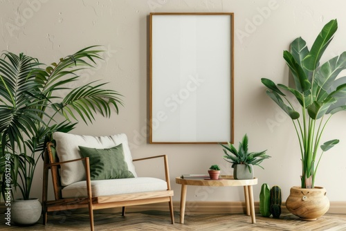 Retro interior design of living room with stylish vintage chair and table, plants, cacti, personal accessories and gold mock up poster frame on the beige wall. photo