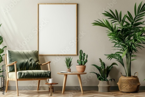 Retro interior design of living room with stylish vintage chair and table, plants, cacti, personal accessories and gold mock up poster frame on the beige wall. photo