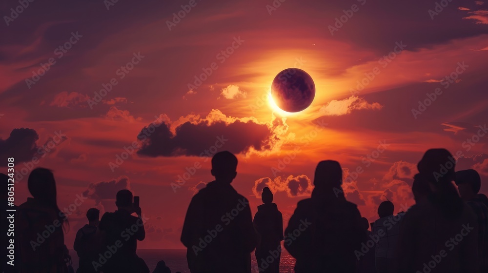 People witnessing total solar eclipse in sky. Concept of people, weather, science and space. hyper realistic People witnessing total solar eclipse in sky. Concept of people, weather, science and space. hyper realistic