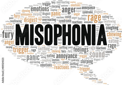 Misophonia word cloud conceptual design isolated on white background.
