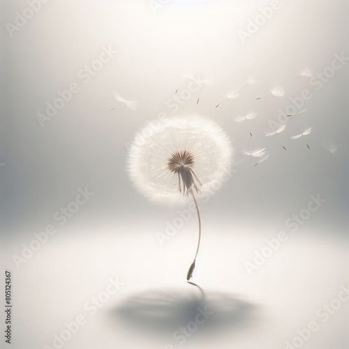A dandelion with seeds flying off on a light colored background.