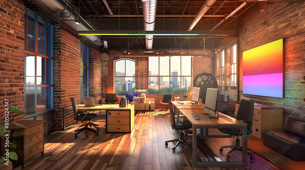 Modern Loft-Style Office Space: Modern office with stylish interior and vibrant sunset hues