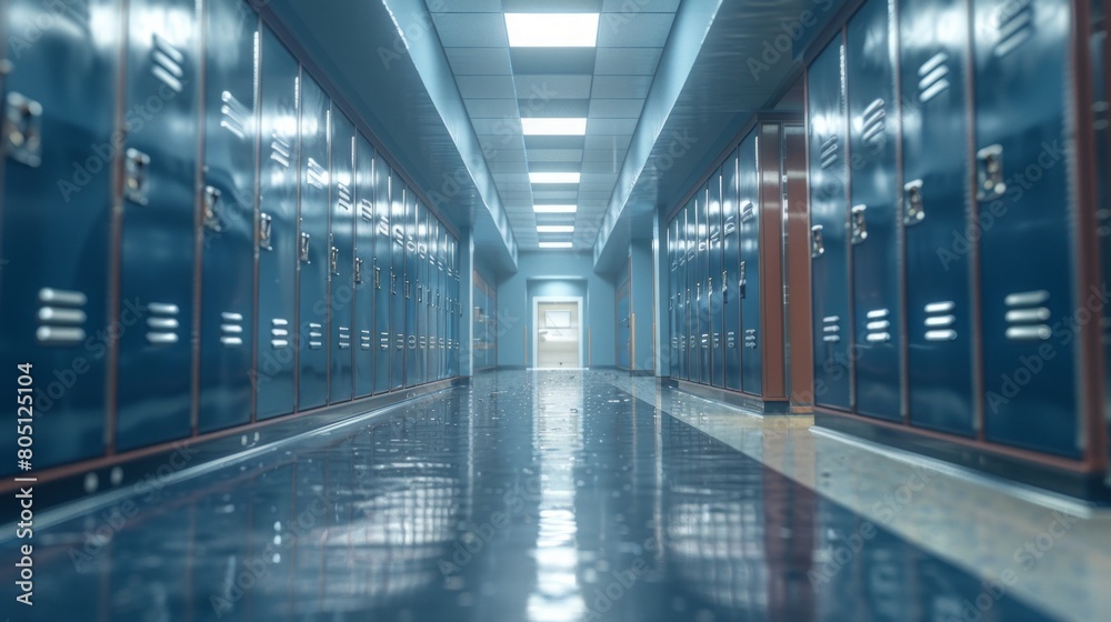 A hallway with many lockers and a light shining on the floor.