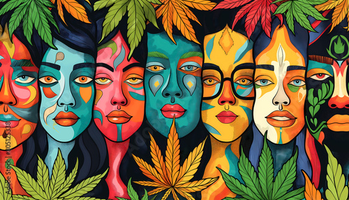 abstract surreal colorful psychedelic trippy background with a marijuana or marihuana leaf and happy consumer faces, weed, drug, wallpaper art or artwork, hashish or hash, thc legalization photo