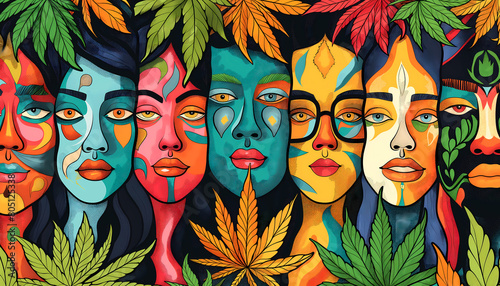 abstract surreal colorful psychedelic trippy background with a marijuana or marihuana leaf and happy consumer faces, weed, drug, wallpaper art or artwork, hashish or hash, thc legalization