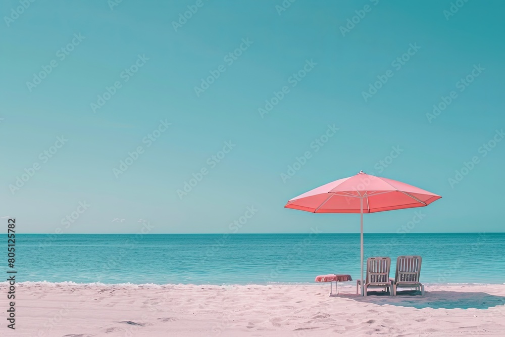 Pink umbrella and two chairs on beach with water, sky, and natural landscape