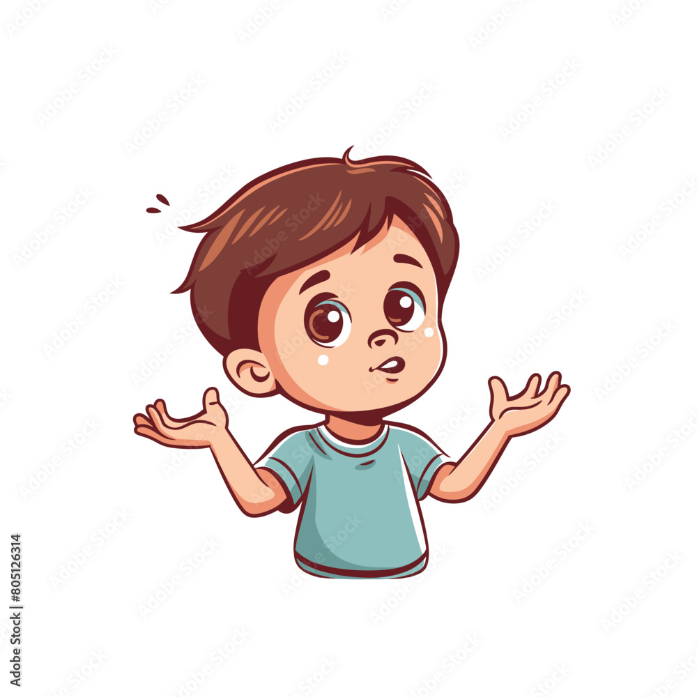 Young boy cartoon character looking confused worried. Brown hair, teardrops, blue shirt, shrugging, isolated white background. Expressive facial emotions, unsure situation, curious little kid, hand Young boy cartoon character looking confused worried. Brown hair, teardrops, blue shirt, shrugging, isolated white background. Expressive facial emotions, unsure situation, curious little kid, hand