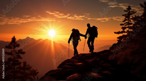 Silhouette of two hikers on a mountain trail  one assisting the other  showcasing teamwork and cooperation  with a backdrop of the setting sun 