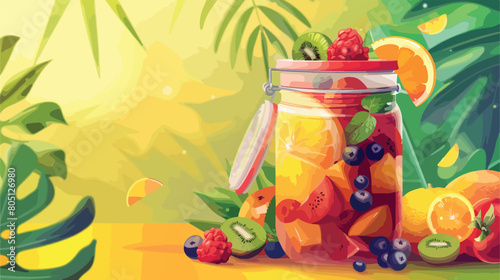Jar with tropical fruit salad on color background Vector