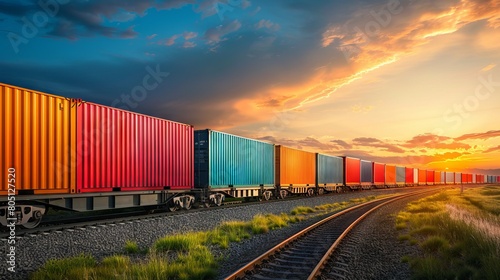 Freight train running on rails with colorful cargo containers